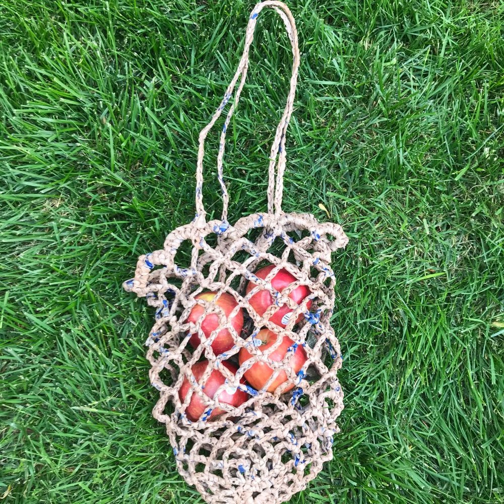 Plarnation hand crochet plarn netted produce market bag